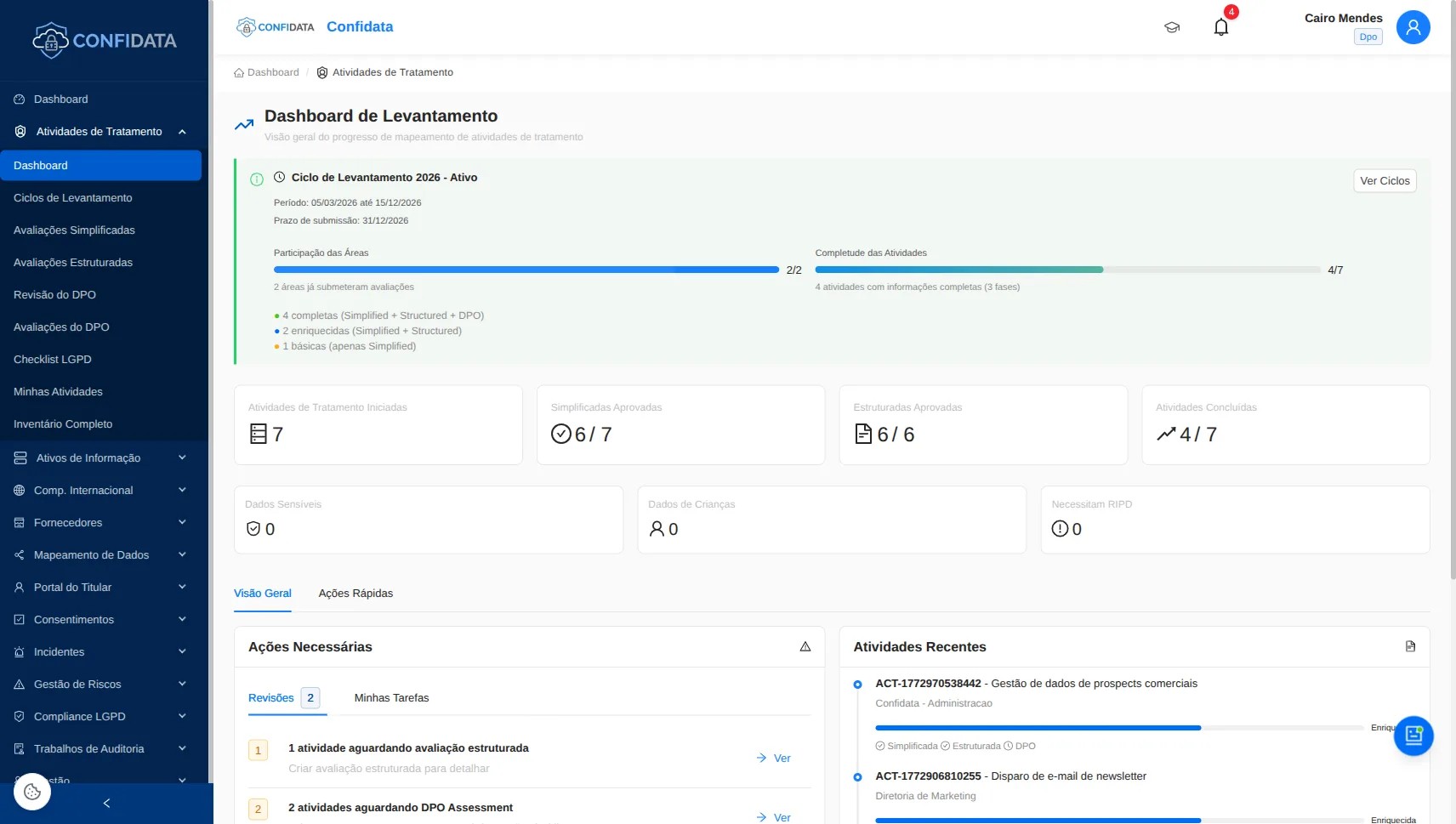 Screenshot do módulo Inventário LGPD em 3 Fases