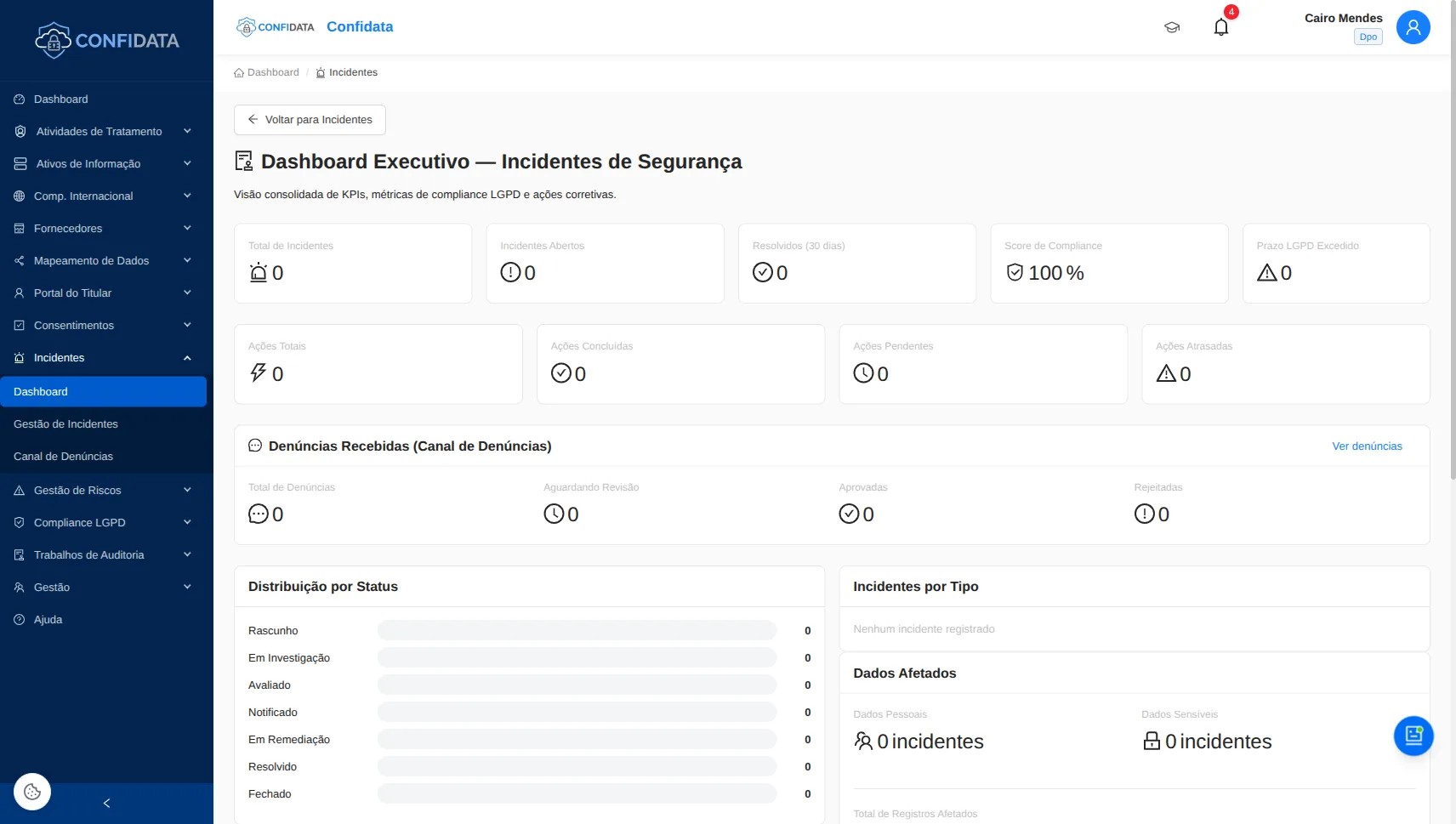 Screenshot do módulo Gestão de Incidentes e Canal de Denúncias
