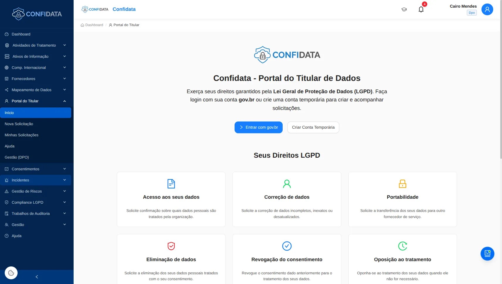 Screenshot do módulo Portal de Direitos dos Titulares