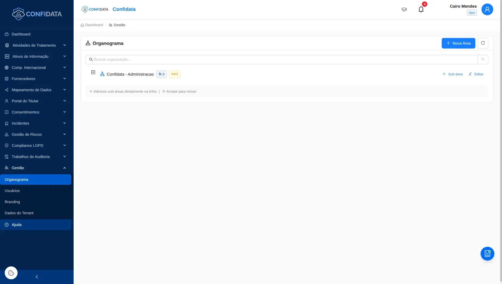 Screenshot do módulo Organograma e Gestão de Equipe