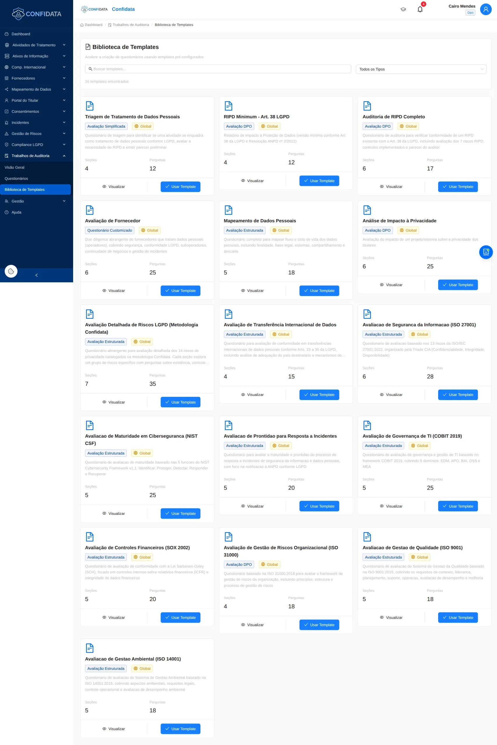 Screenshot do módulo Trabalhos de Auditoria