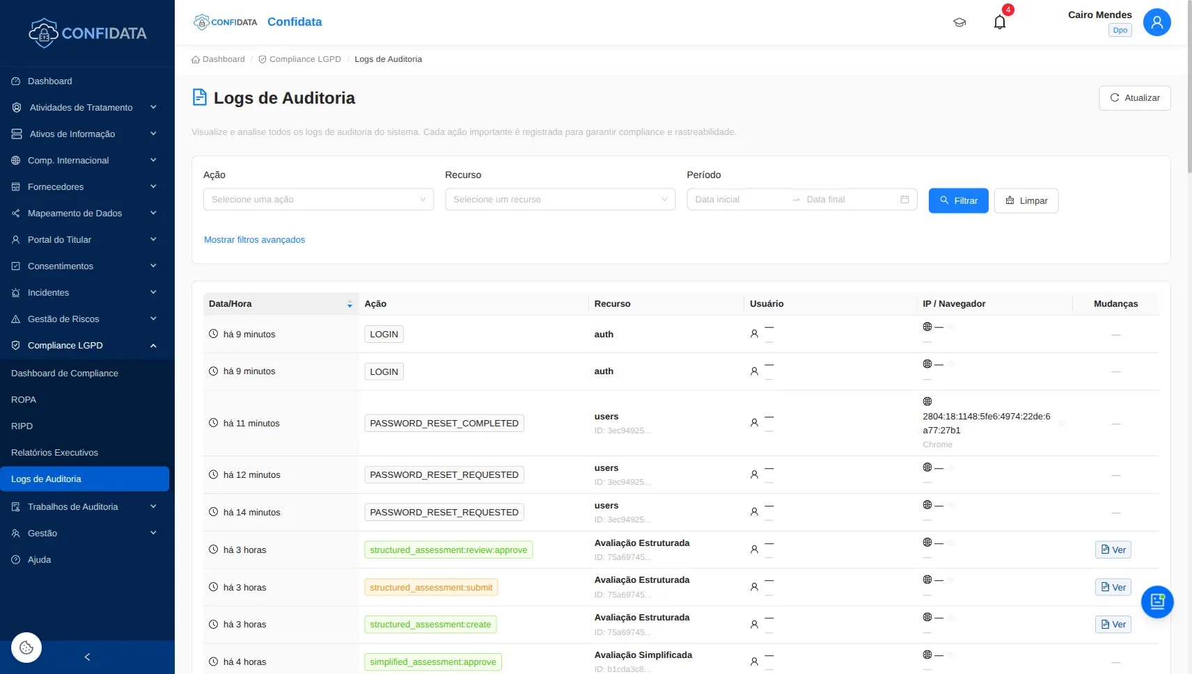 Screenshot do módulo Compliance e Auditoria de Logs